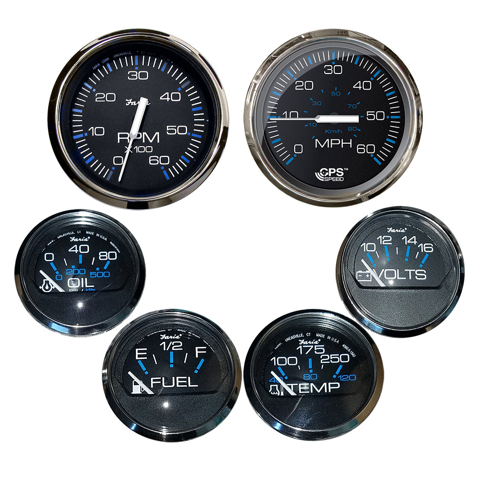 Faria Chesapeake Black wStainless Steel Bezel Boxed Set of 6 Speed Tach Fuel Level Voltmeter Water Temperature Oil PSI