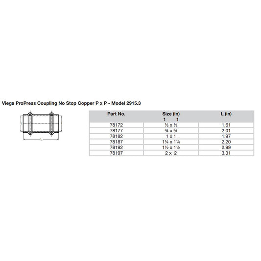 Viega ProPress 112 Copper Coupling wo Stop Double Press Connection Smart Connect Technology 78192