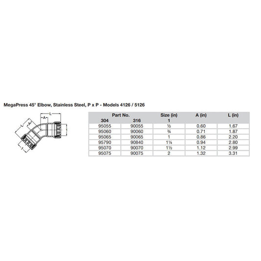 Viega MegaPress 1 45 Stainless Steel 304 Elbow Double Press Connection Smart Connect Technology 95065