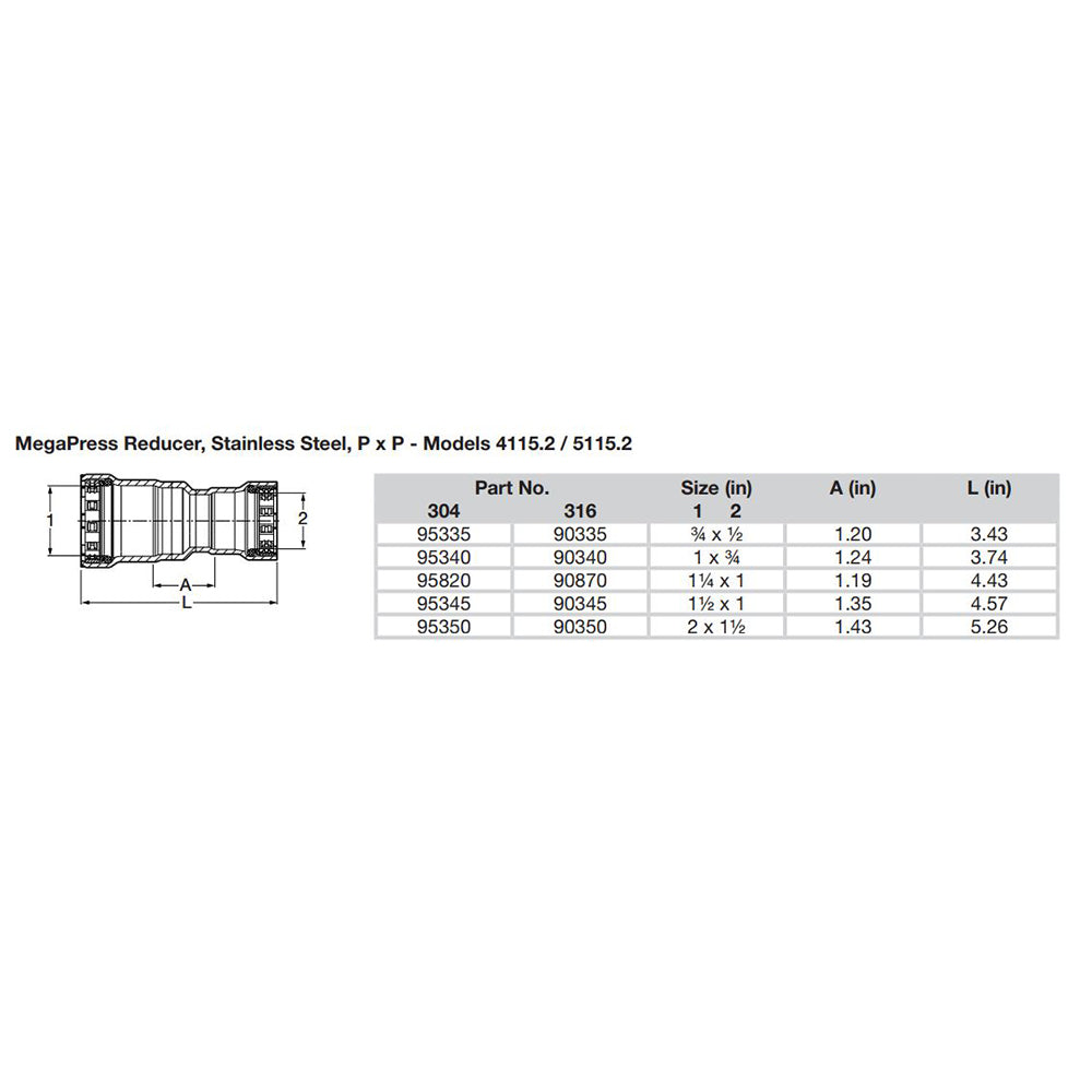 Viega MegaPress 112 x 1 Stainless Steel 304 Reducer Double Press Connection Smart Connect Technology 95345