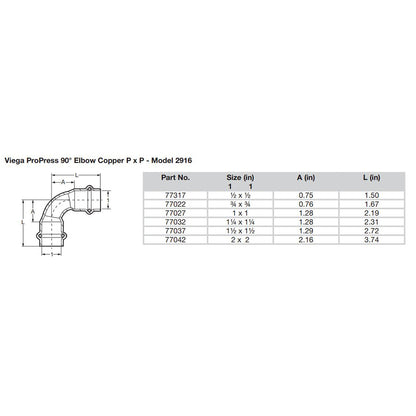 Viega ProPress 2  90 Copper Elbow  Double Press Connection  Smart Connect Technology 77042