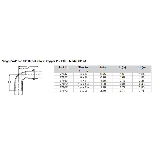 Viega ProPress 112 90 Copper Elbow StreetPress Connection Smart Connect Technology 77067