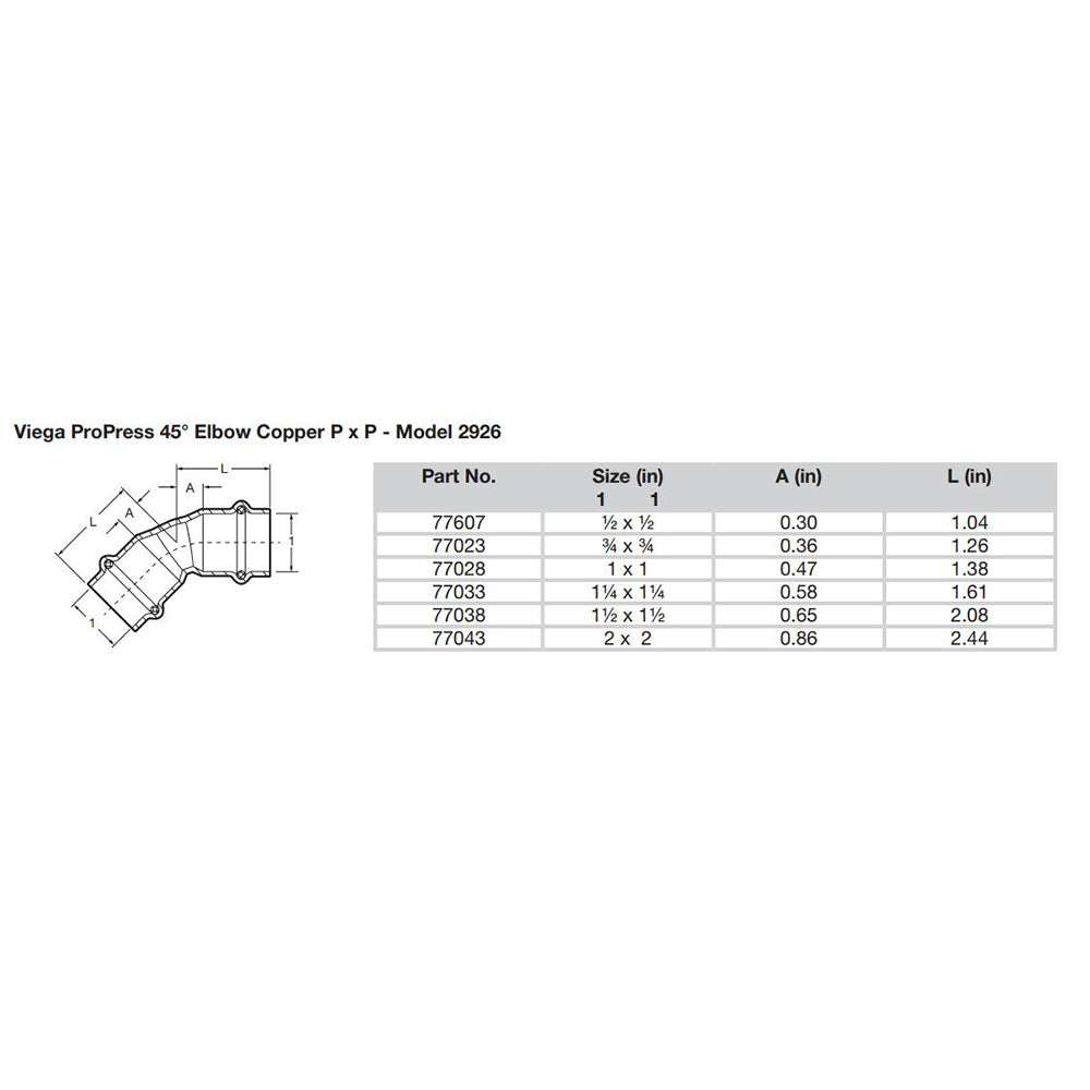 Viega ProPress 1  45 Copper Elbow  Double Press Connection  Smart Connect Technology 77028