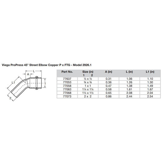 Viega ProPress 1  45 Copper Elbow  StreetPress Connection  Smart Connect Technology 77058