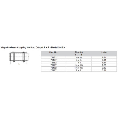 Viega ProPress 12 Copper Coupling wo Stop  Double Press Connection  Smart Connect Technology 78172
