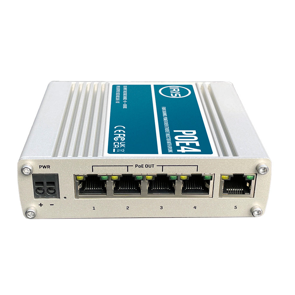 Iris Four Channel Uplink Power Over Ethernet Switch  IEEE8023af  3at Compliant  930VDC Input  48VDC Output POE4V2