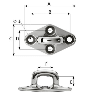 Wichard Diamond Pad Eye  Square  98mm Length 35564  M8 Screw 6656