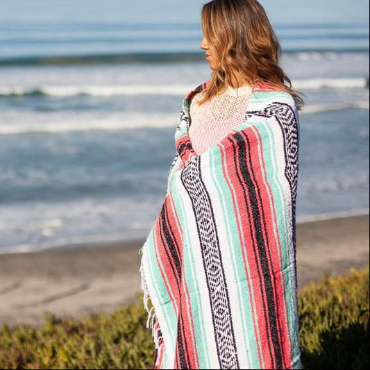 Seafoam Green & Coral Mexican Falsa Blanket