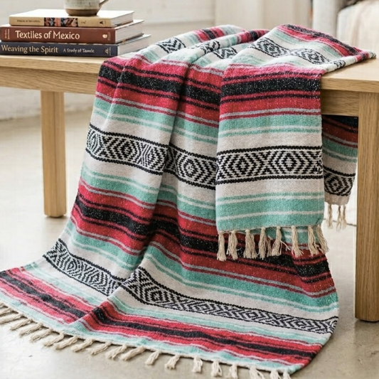Seafoam Green & Coral Mexican Falsa Blanket